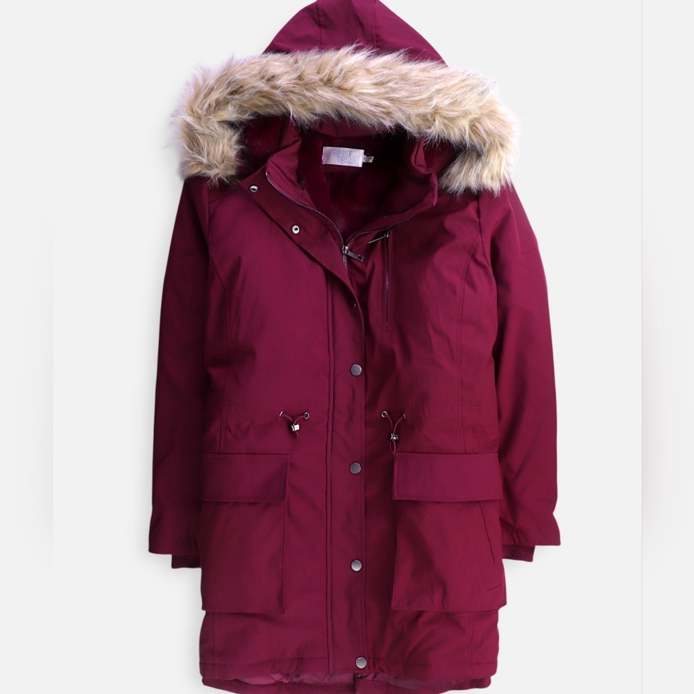Time and Tru Maroon Ski Jacket with Faux Fur Hood
